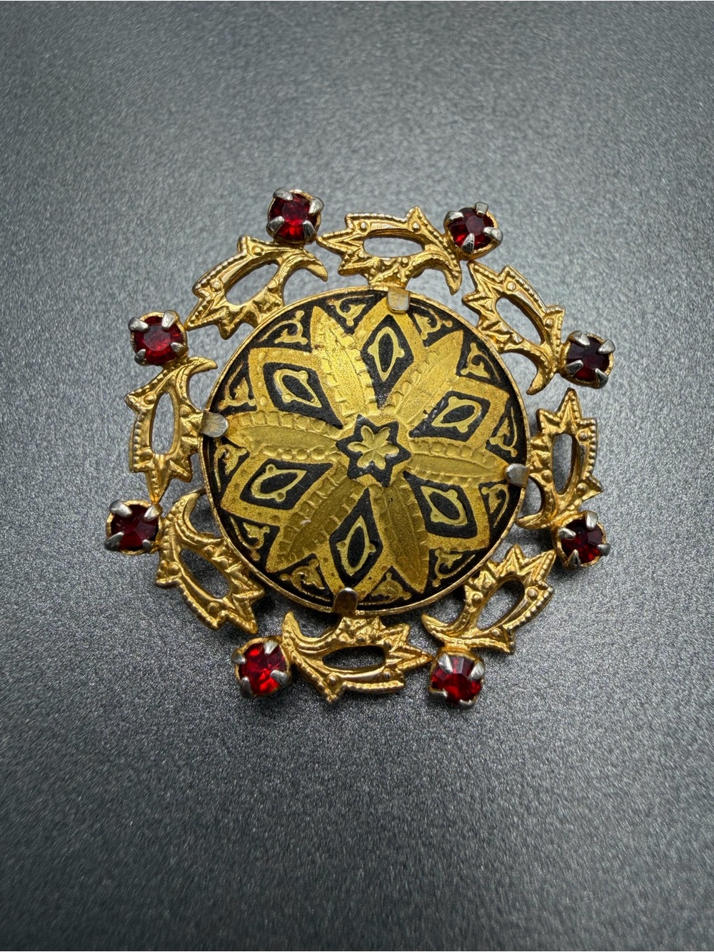 Vintage Damascene Brooch with Red Rhinestones #15DA